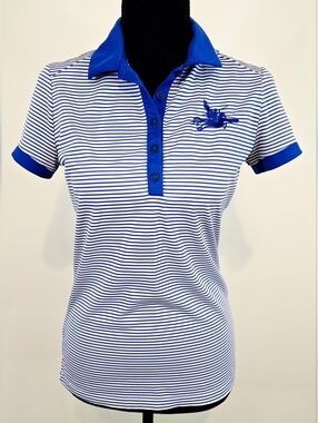 Nike Pegasus Golf Dri-FIT Striped Polo Blue White Logo Shirt Sz S Athleisure